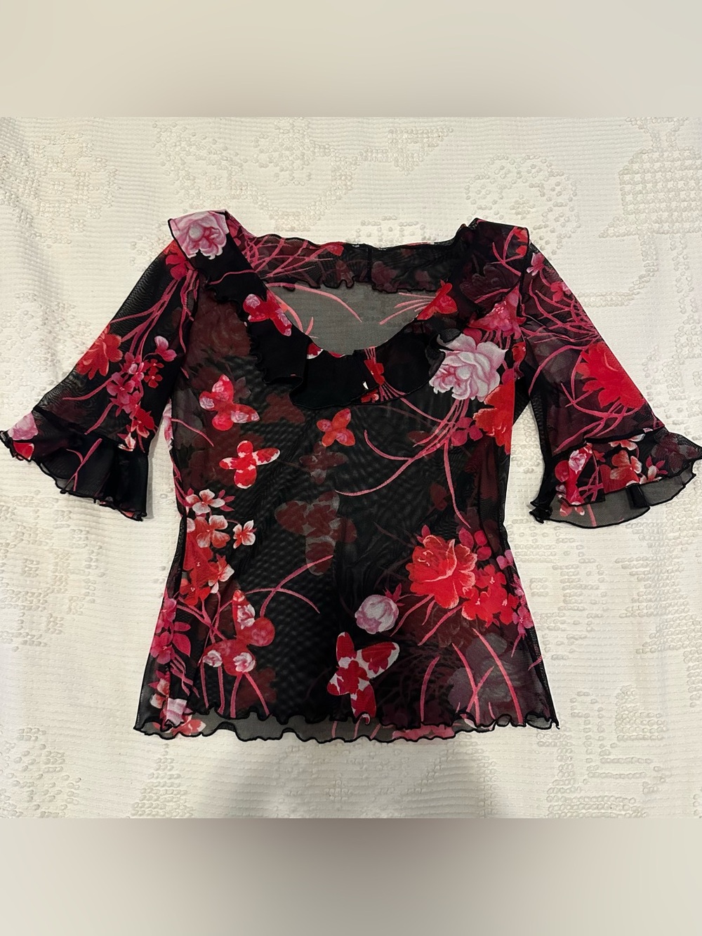Sheer Black Floral Ruffle Neck Women's Top